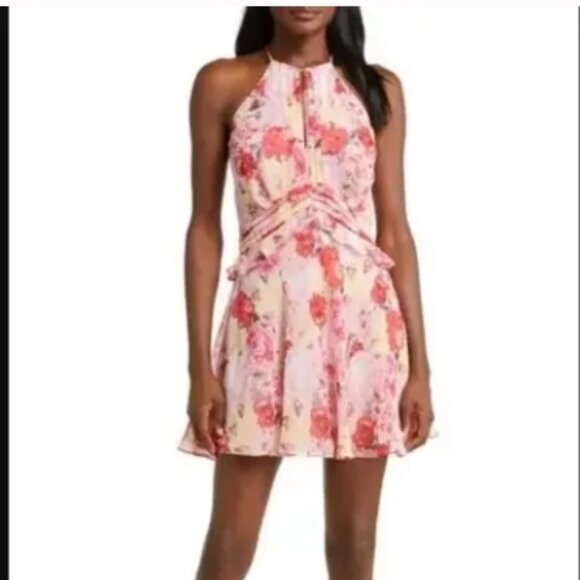 Floret Studios Floral Ruffle Waist Chiffon Dress Pink/Red/Beige Floral XL NWT - Picture 2 of 11